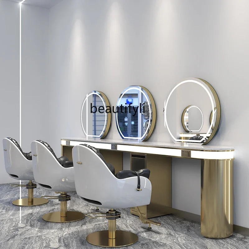 Barber Shop Dressing Table Single Double-Sided Mirror Integrated Hair Salon Marble Beauty Mirror for Hair Salon