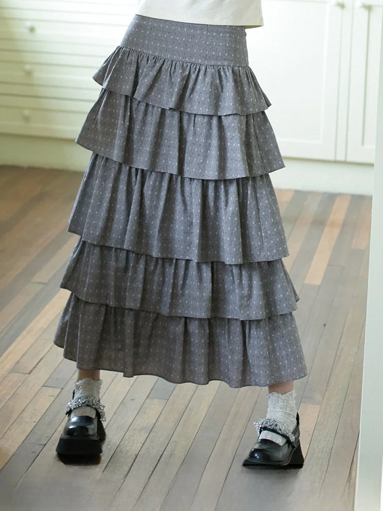 

Bla White Gingham Polka Dot Puffy A-Line Skirt Summer Artistic Vintage Small Size Long f-length Skirt Cotton Cake Skirt