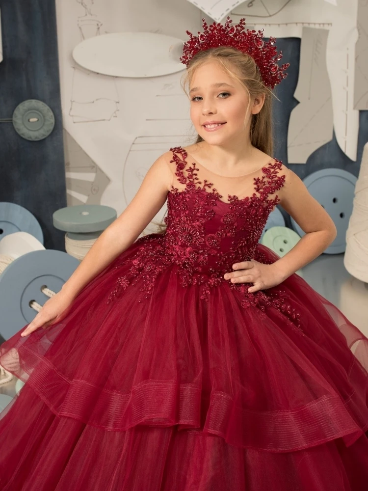 Burgundy Flower Girl Dresses Tulle Puffy Appliques Tiered With Tailing  Sleeveless For Wedding Birthday Banquet Princess Gowns