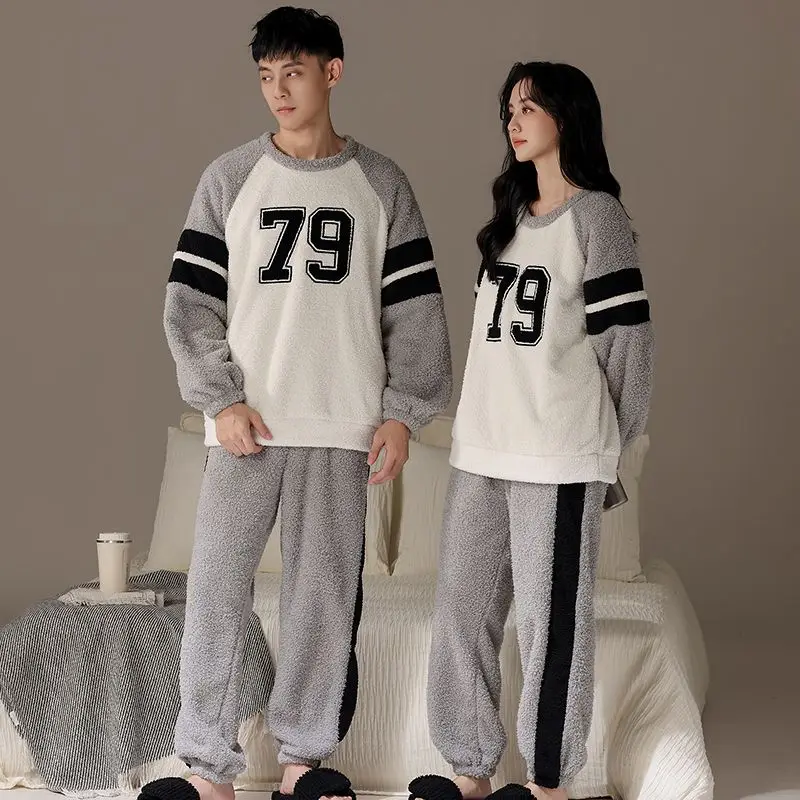 

2025 Winter Couple Long Sleeve Thick Warm Flannel Pajama Sets for Women Korean Loose Sleepwear Pijama Mujer Men Homewear Clothes