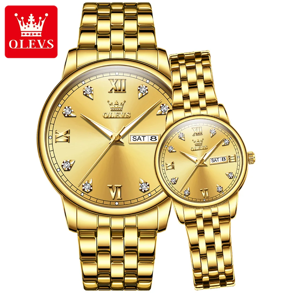 OLEVS Fashion Couple Watch for Men and Women Stainless Steel Waterproof Luxury Gold Quartz Watch Luminous Week Date Watches