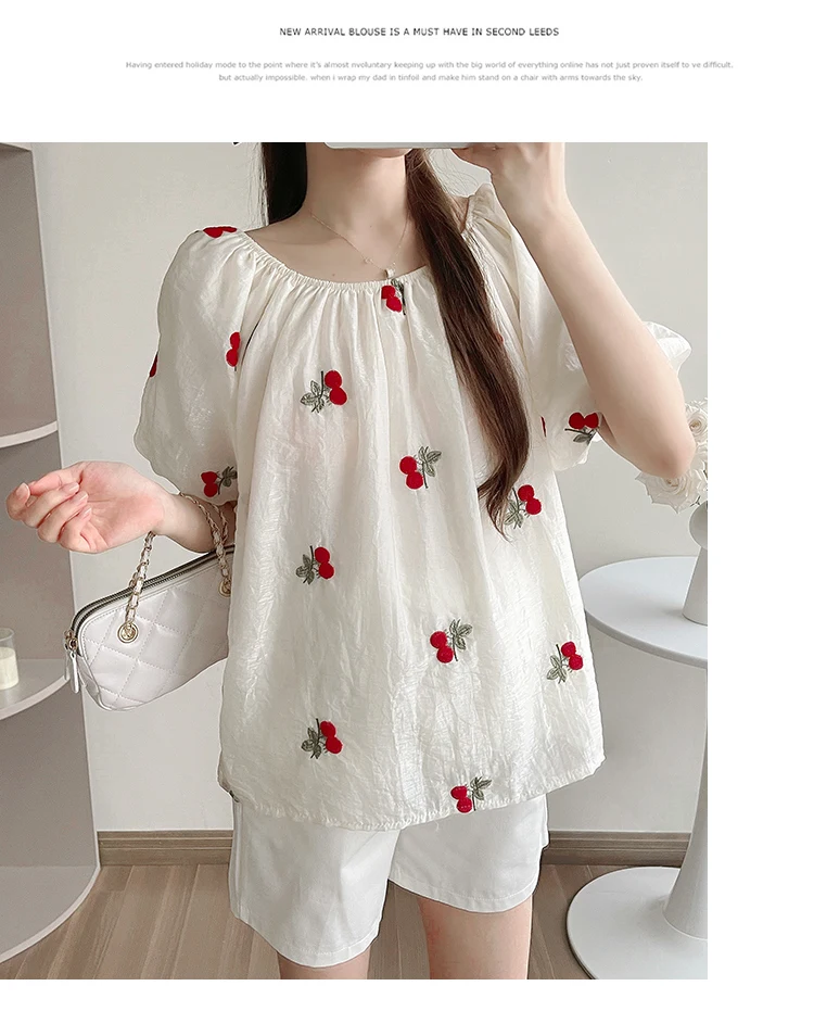 

Pregnant Women's Summer Short Sleeved Shirts Sweet Puff Sleeve Stretched Shuolerless Maternity Floral Blouses Fashion Top Tees