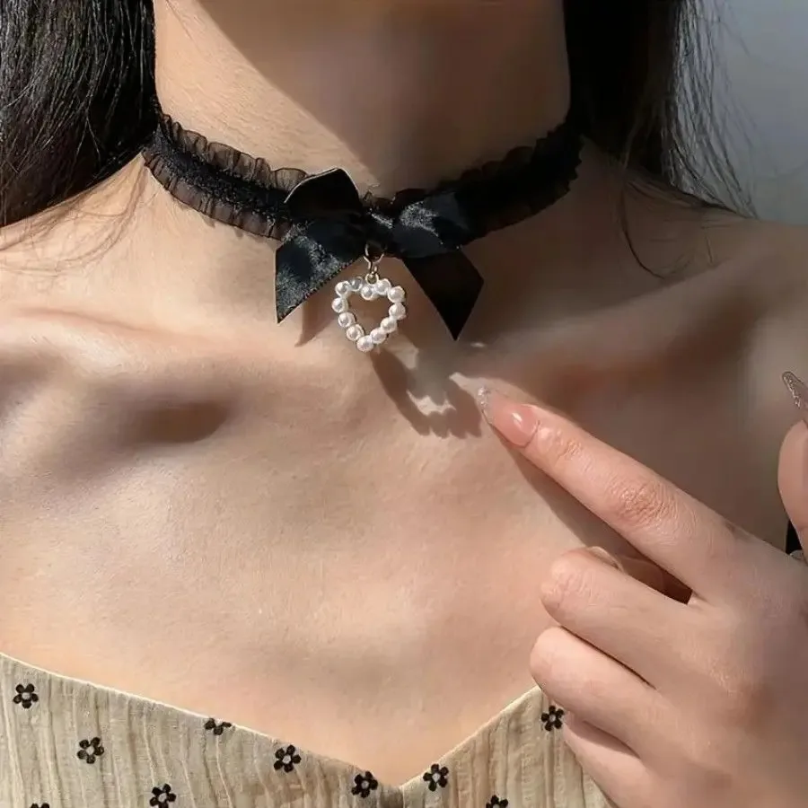 Sweet Satin Ribbon Choker Necklace with Pearl Heart Pendant & Sheer Ruffle Trim – Cute Coquette/Kawaii Collar Jewelry for Women