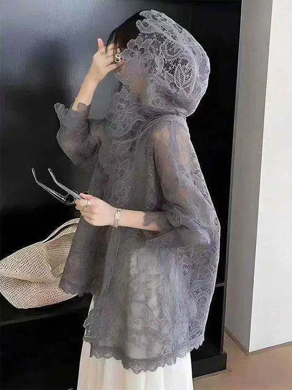 

plus Size 300 Pounds Hook Flower Hooded Sun Protection Shirt Women Summer Thin Micro Translucent Slimming Top Casual Loose Fi...