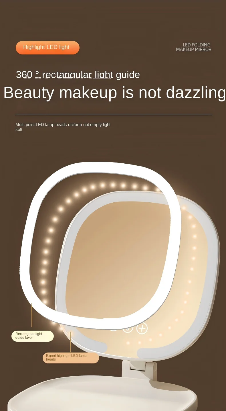 Faltbarer LED-Schminkspiegel mit Lichtern, 3-farbig verstellbare Helligkeit, Desktop-Kosmetikspiegel für Reisen, Zuhause, Badezimmer, Essentials