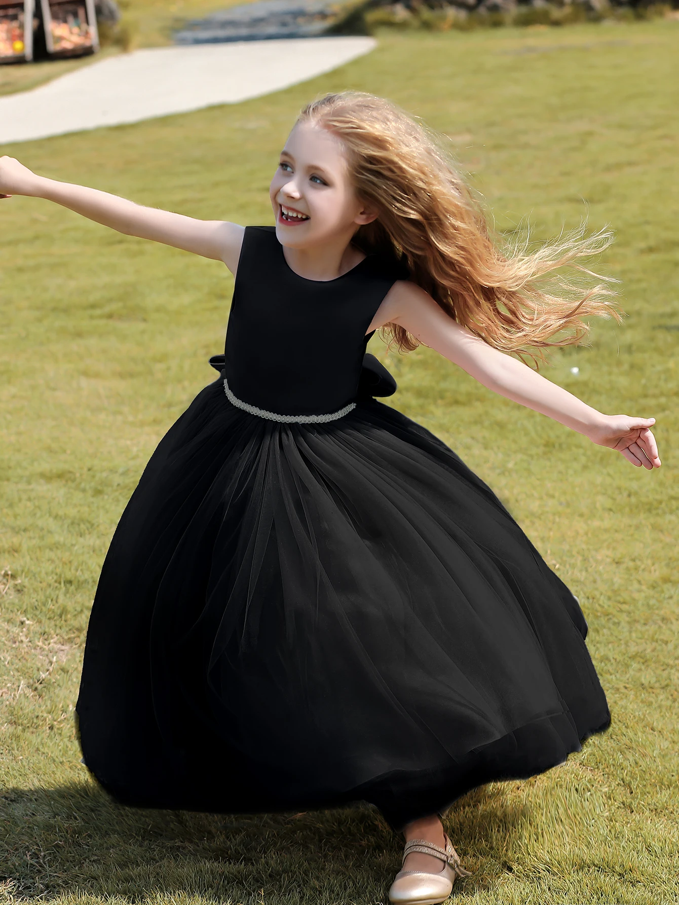 Luxury Satin Flower Girl Dress with Big Bow Sleeveless Fancy Formal Birthday Tulle Party Long Black Dresses