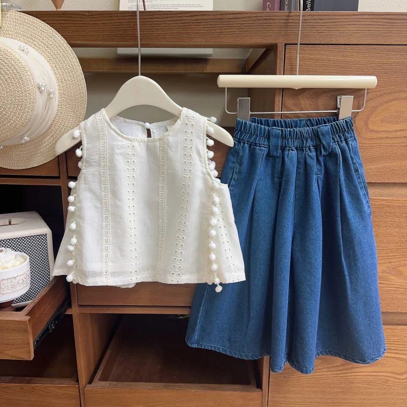 

Girls' Korean Style Suit Summer New Western Style Girls Sleeveless Shirt Wide Leg Jeans Two-Piece SetEXB007