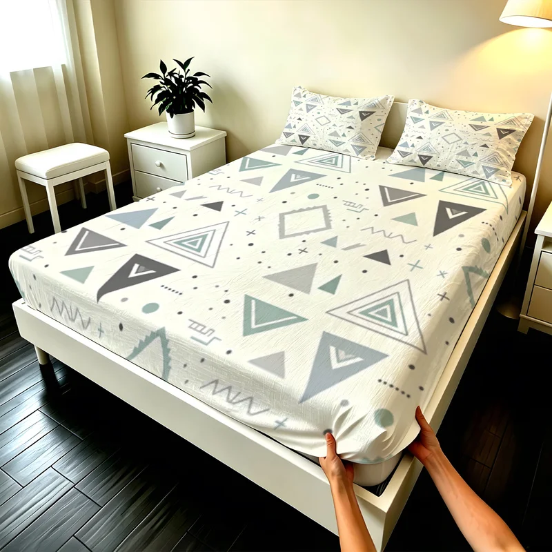 3Pcs Microfiber Fitted Sheet Set,Deep Pocket,Multi-Sizes,Durable,Abstract Geometric Print Design,Modern Bohemia Bedroom Decor