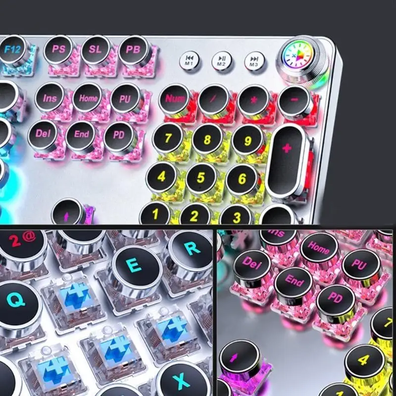 

C90F Retro Punk Round Keycap Corded Mechanical Keyboard with Media Control Knob White