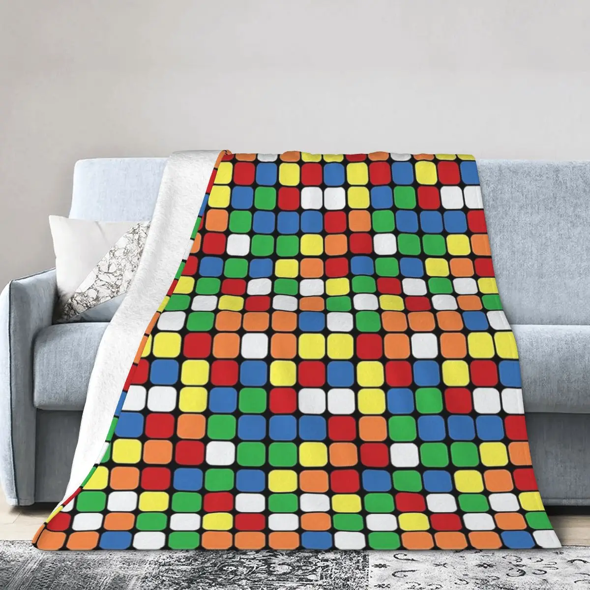 Flannel Throw Blanket Scrambled Rubik's Cube Pattern Blankets Soft Bedspread Warm Plush Blanket for Bed Picnic Travel Home Couch