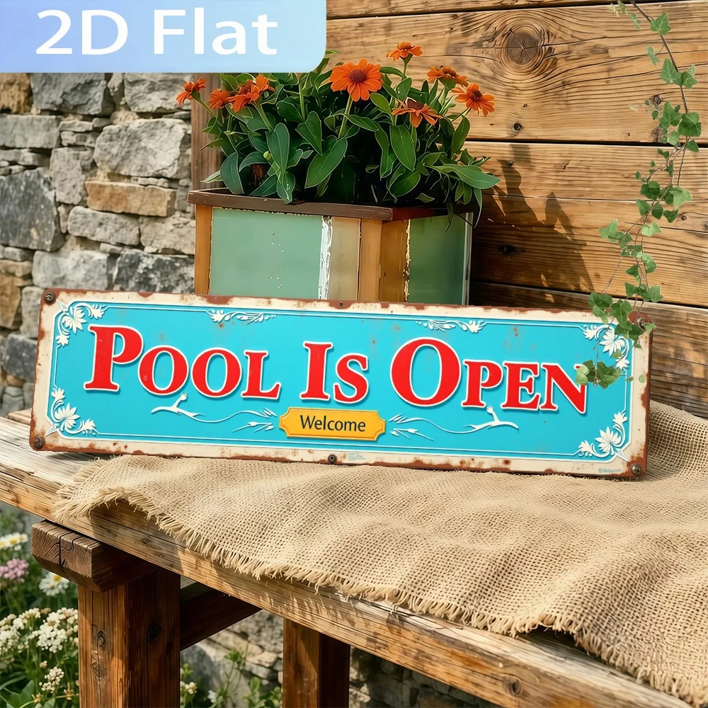 2D Flat, Single Piece Pool Open Welcome Sign Wall Art, Aluminum Holiday Decoration for The Front Door, Porch, And Home Decor