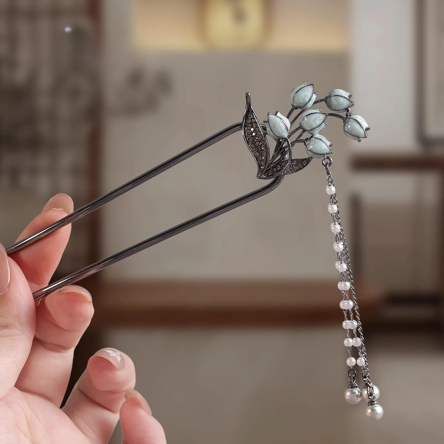 أنيقة حجر الراين زنبق الوادي على شكل حرف U دبوس الشعر المرأة الجزء الخلفي من الرأس الشعر العصي اللؤلؤ شرابة الزفاف إكسسوارات الشعر #6