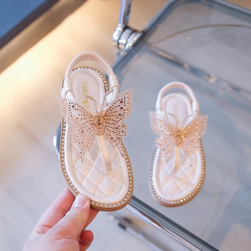 Kids Flats  Rhinestone Butterfly Sandals Girls Princess Rhinestone Party Sandals for Kids Beading Children\'s Leather Beach Shoes