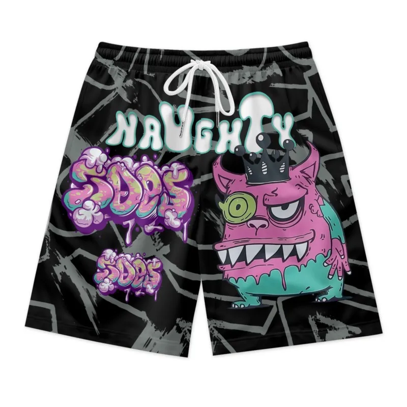 Bucktoothed Monster Print Drawstring Waist Black Shorts Quick Dry Breathable Polyester Sport Shorts Streetwear Clothing Bottoms