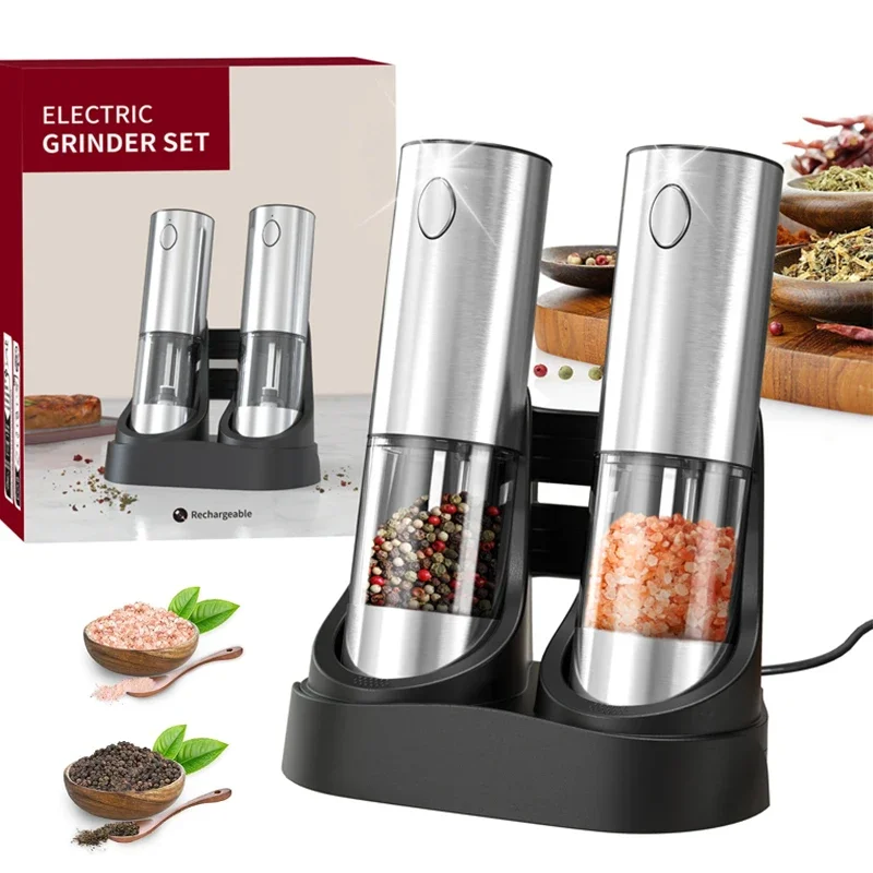 

Electric Salt and Pepper Grinder Set with USB Charging Base Large Capacity Adjustable Coarseness Stainless Steel Automatic Mills