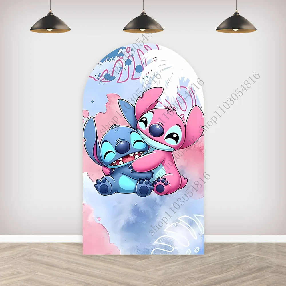 خلفية صورة على شكل قوس من Stitch & Angel، خلفية جدارية مقوسة وردية لطيفة لحفلات أعياد الميلاد وحفلات استقبال المولود الجديد، خلفية تصوير مزدوجة الجوانب #3