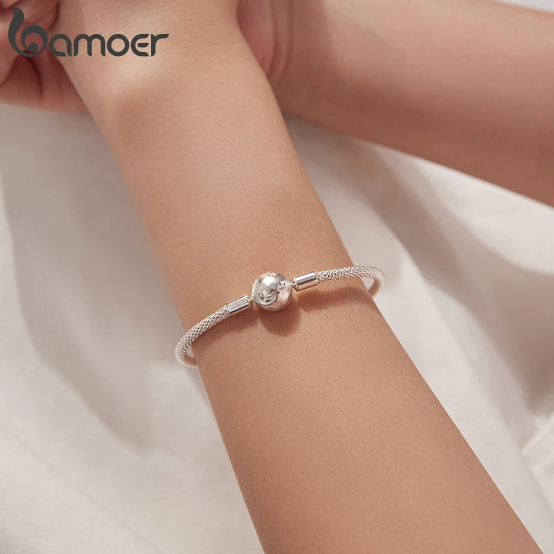Bamoer 925 Sterling Silver Star and Moon Basic Bracelet Round Charm Bangle for Women Minimalist Eternal Love Gift Wrist Decor
