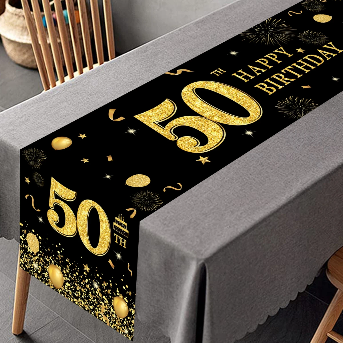 Gold Black Birthday Table Runner Happy Birthday Party Decoration 18 30 40 50 60 Years Old Birthday Party Table Decoration