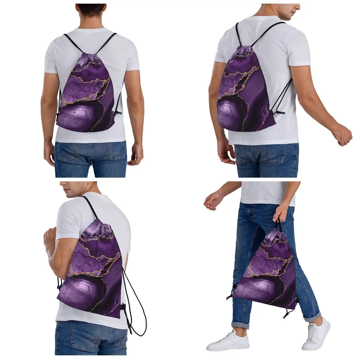 Purple Faux Marble Abstract Landscap Backpacks Multi-function Drawstring Bags Shoes Bag Book Bags for Man Woman Students
