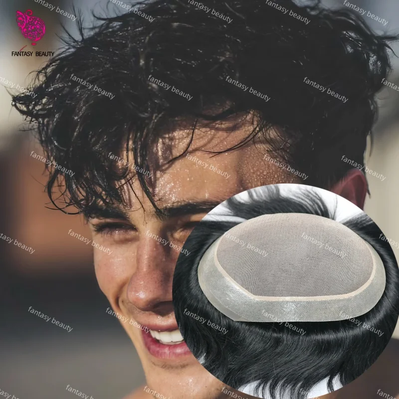 

100% European Human Hair Black Brown #1B#2color Bald Man Toupee Breathable Fine Mono With NPU 130% Density Prosthesis Hair Wigs
