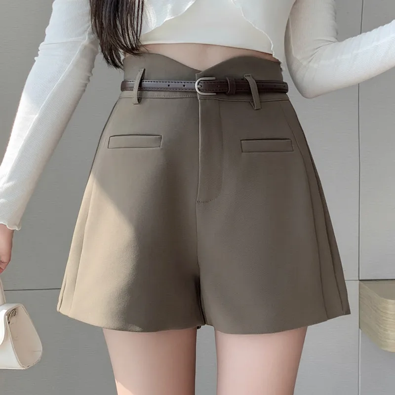 High Waist Gray Work OL Short Pants With Belt 2023 Fall Casual Suits Fabric Wide Leg Shorts Women