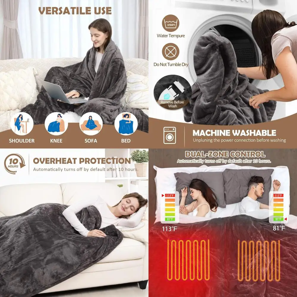 

King Size Electric Blanket 90x100 with Dual Controls, 10 Timers & 6 Heat Levels, Overheat Protection, Flannel Sherpa, ETL Certif