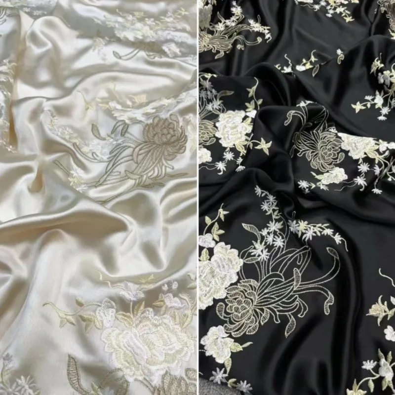 

Heavy satin acetate embroidered fabric imitation Su embroidery silky breathable vest ancient dress cheongsam clothing material