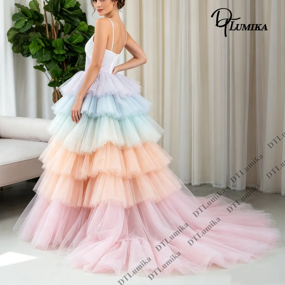 Gradient Rainbow Tiered Tulle Maxi Skirt Train Customized Long Ruffle Tutu Skirt Wedding Evening Party Ball Gown Separate Bottom