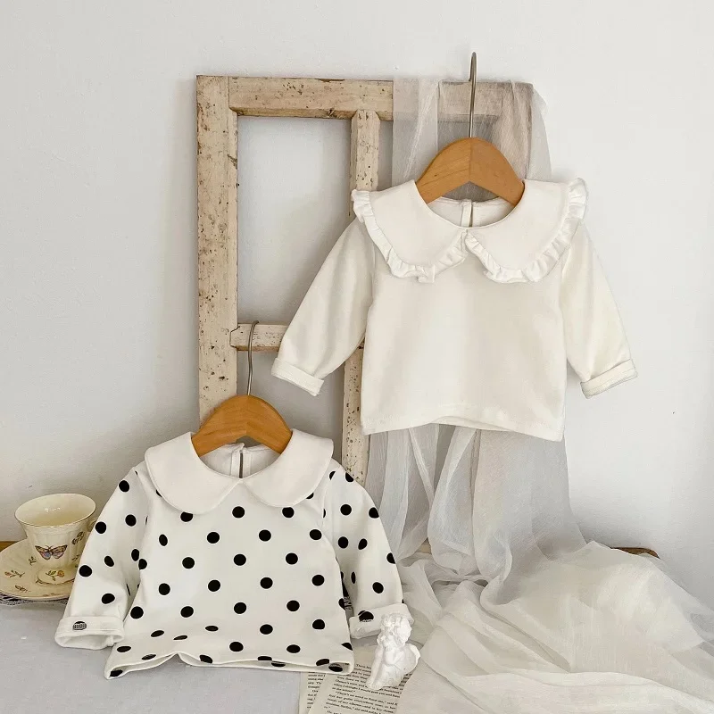 INS Spring Baby Girl T-shirt 0-3Years Newborn Kids Long Sleeve Peter Pan Collar Polka Dot Cotton Tee Simpe White Shirt Clothes