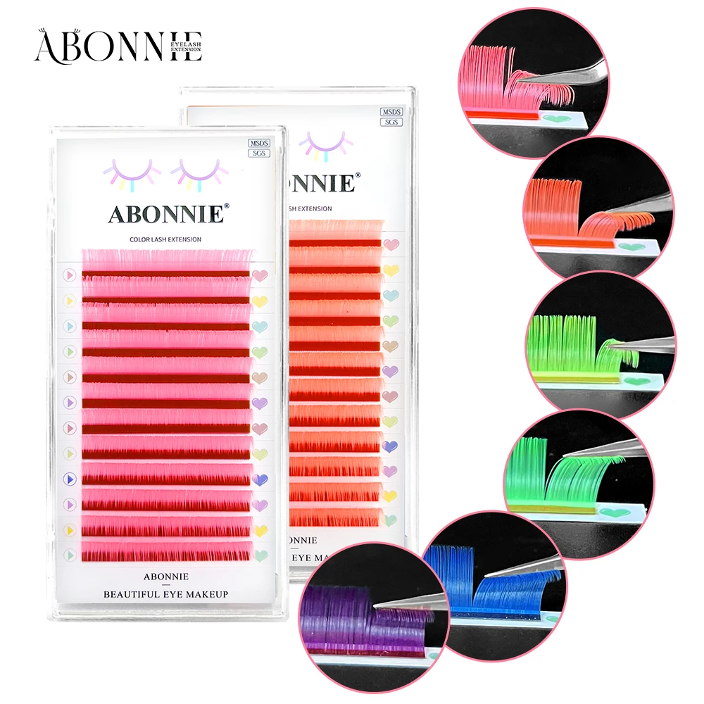 Abonnie Color Eyelashes UV Neon Lashes Soft Natural Silk Rainbow Eyelashes Extensions Cilios Mixed Lash Extension Supplies