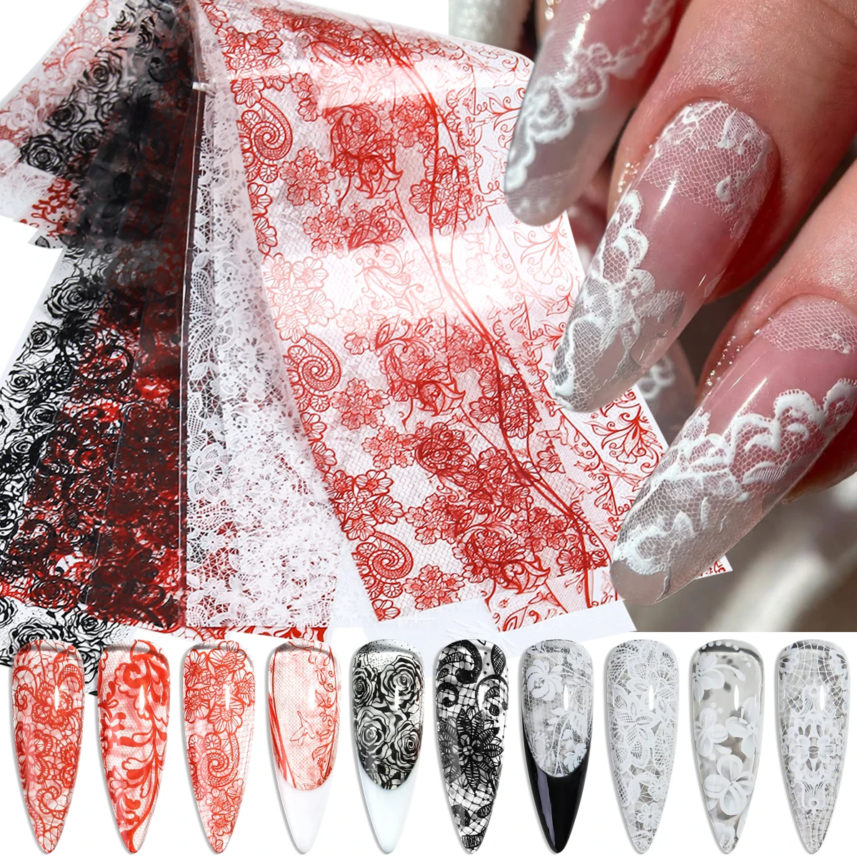 Spitzen-Nageltransfer-Aufkleber-Set, Schwarz, Rot und Weiß, Blumenmuster, Sexy Retro-Nagelaufkleber, Blumen-Nageldekorationen.