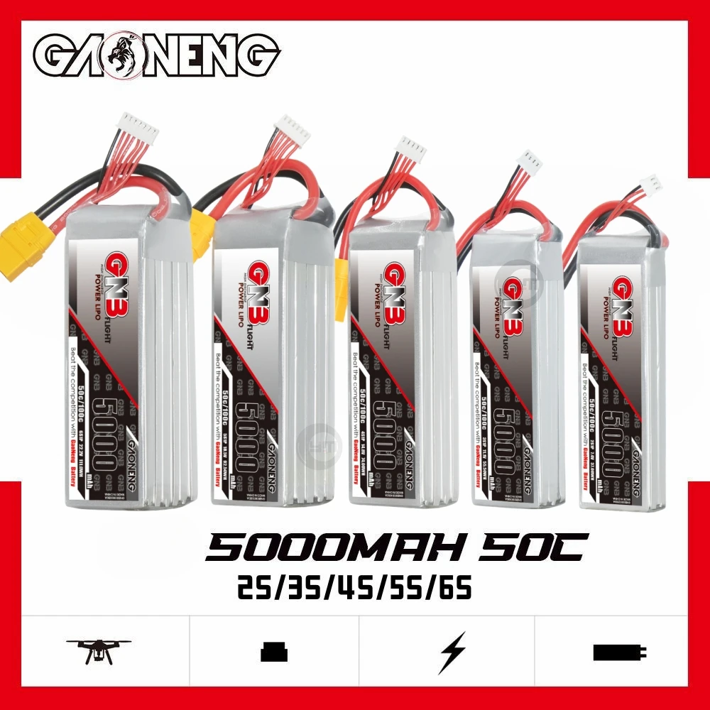 

Gaoneng GNB 5000mAh 50C 2S/3S/4S/5S/6S 7.4V/11.1V/14.8V/18.5V/22.2V LiPo Battery with XT60/XT90/T Plug for RC Cars Boats Drones