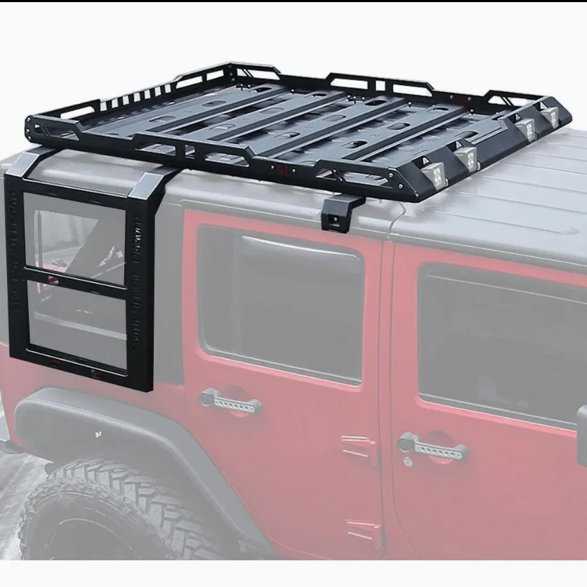 For 2/4 Door Steel Roof Rack W/ LED Light Luggage Rack With Climbing Ladder Mount Cargo Basket For Wrangler JK JL BJ40