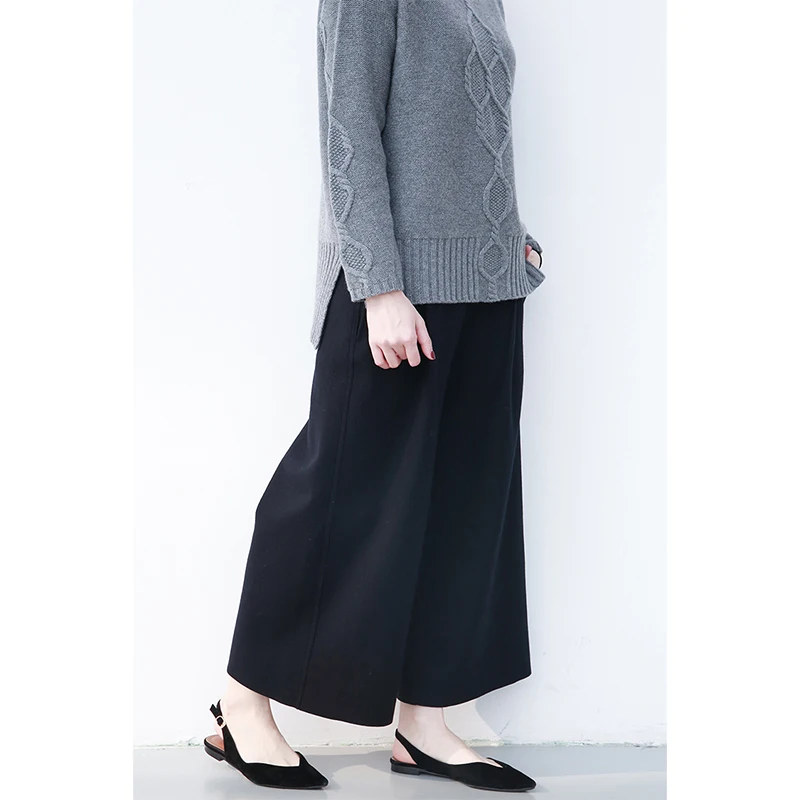 

Классические шерстяные вязаные брюки для женщин с эластичным поясом, свободные брюки с асимметричными штанинами, модные, для повседневной носки, с деталями в виде карманов