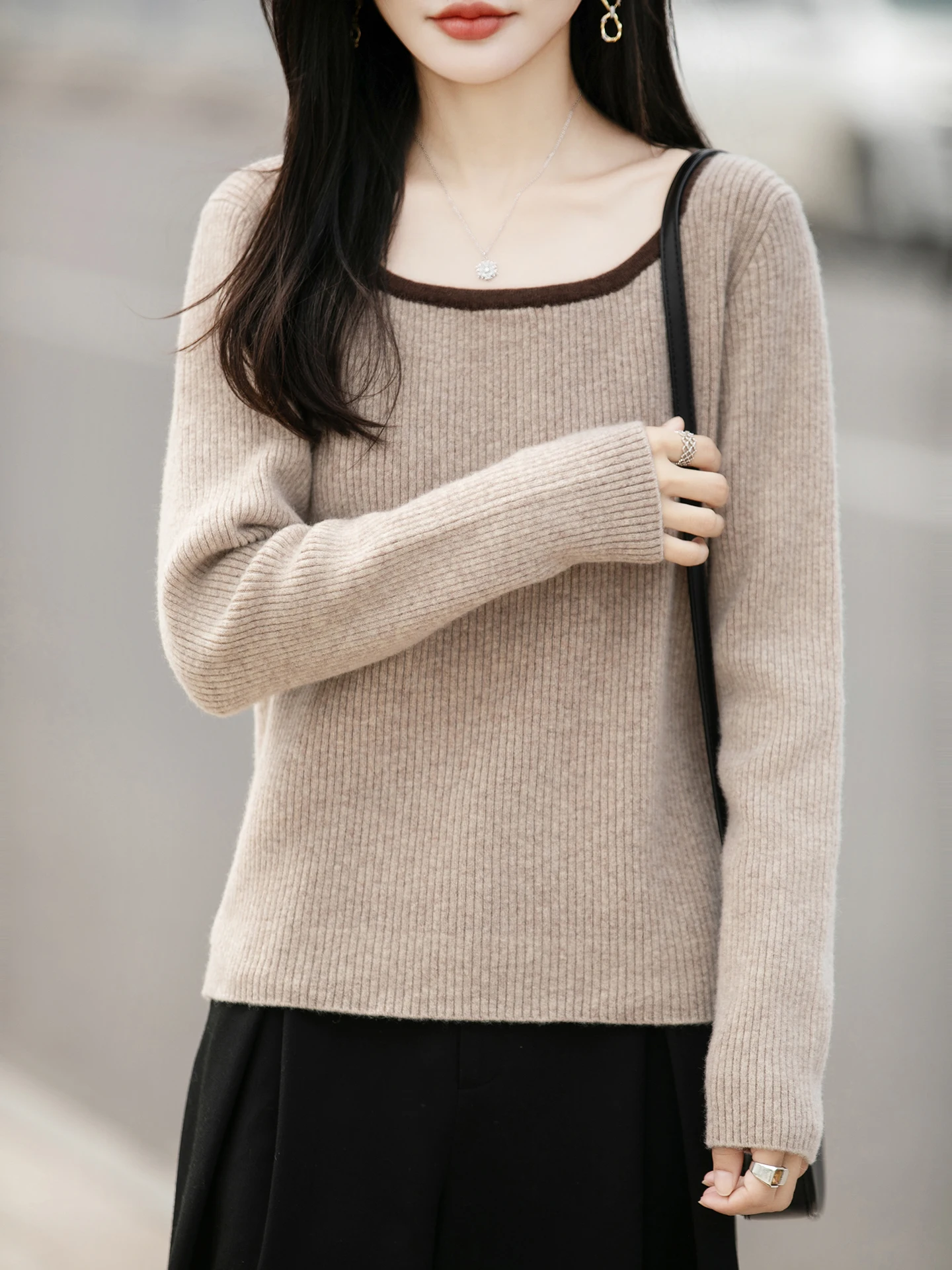 

100% Merino Wool Top Pullover Fashionable Women Luxury Splicing Color Square Neck Knit Autumn Winter Clothing Skin Friendly Soft