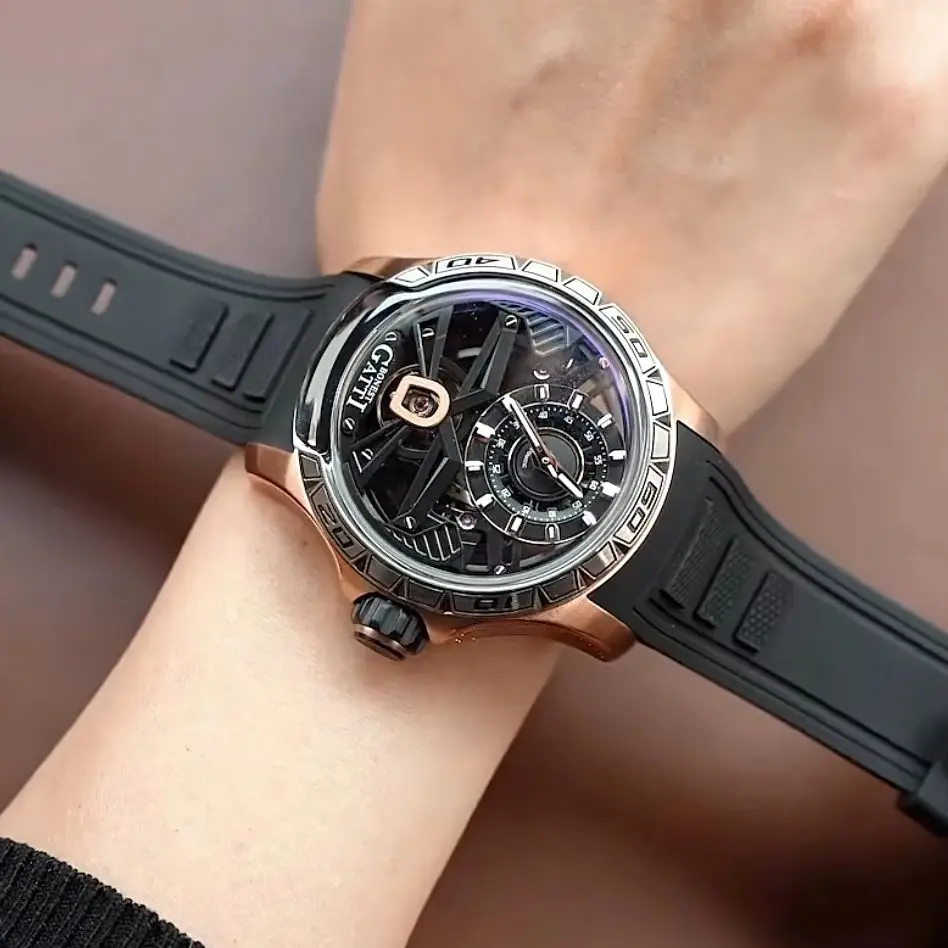 

BONEST GATTI Men Automatic Watch 43mm Mechanical Wristwatch Skeleton Dial Waterproof Sapphire Mirror Luminous Fluororubber Strap