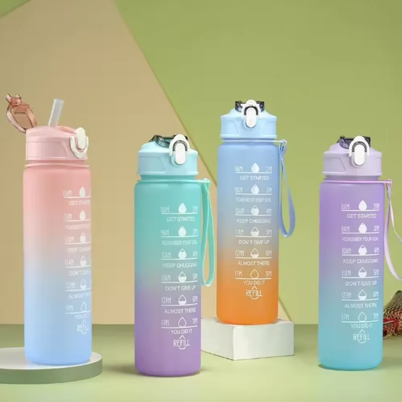 

Gradient Color Water Cup With Time Marker Leak-proof Cup Student Scale Straw Cup Sports Water Bottle BPA Free