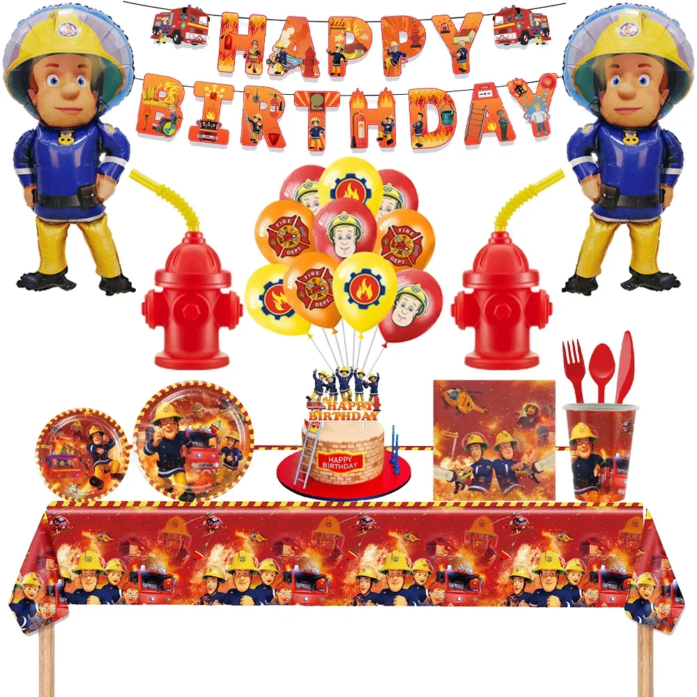 

Firefighter Sam Birthday Party Tablecloth Tableware Balloons Banner Fire Hydrant Straw Cups With Lids Kids Gift Boys Party Decor