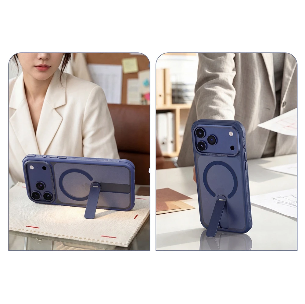 Matowe, półprzezroczyste, magnetyczne etui z obrotową podstawką, odporne na wstrząsy, do iPhone 18 17 Pro Max 16 15 14 13 12, z metalową osłoną obiektywu kompatybilne z Magsafe. — zdjęcie produktu 2