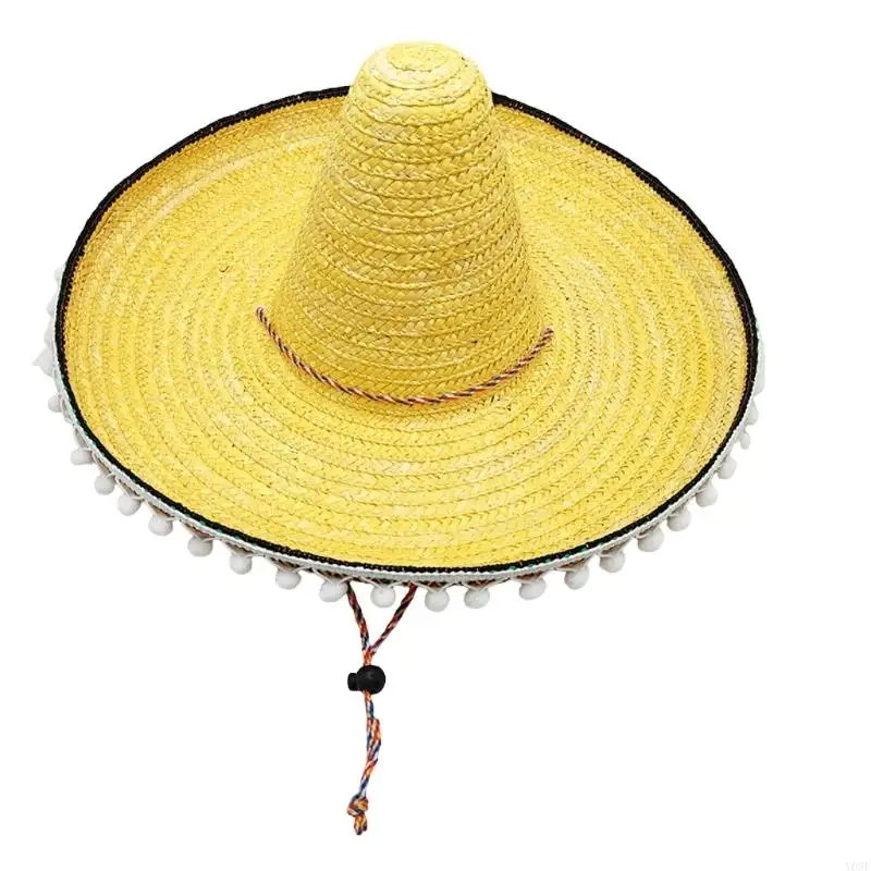 Wide Brims Straw Sombrero with White Fringe, Braided Accents and Adjustable Chin Cord for Festivals, Parties and Travel Y08E