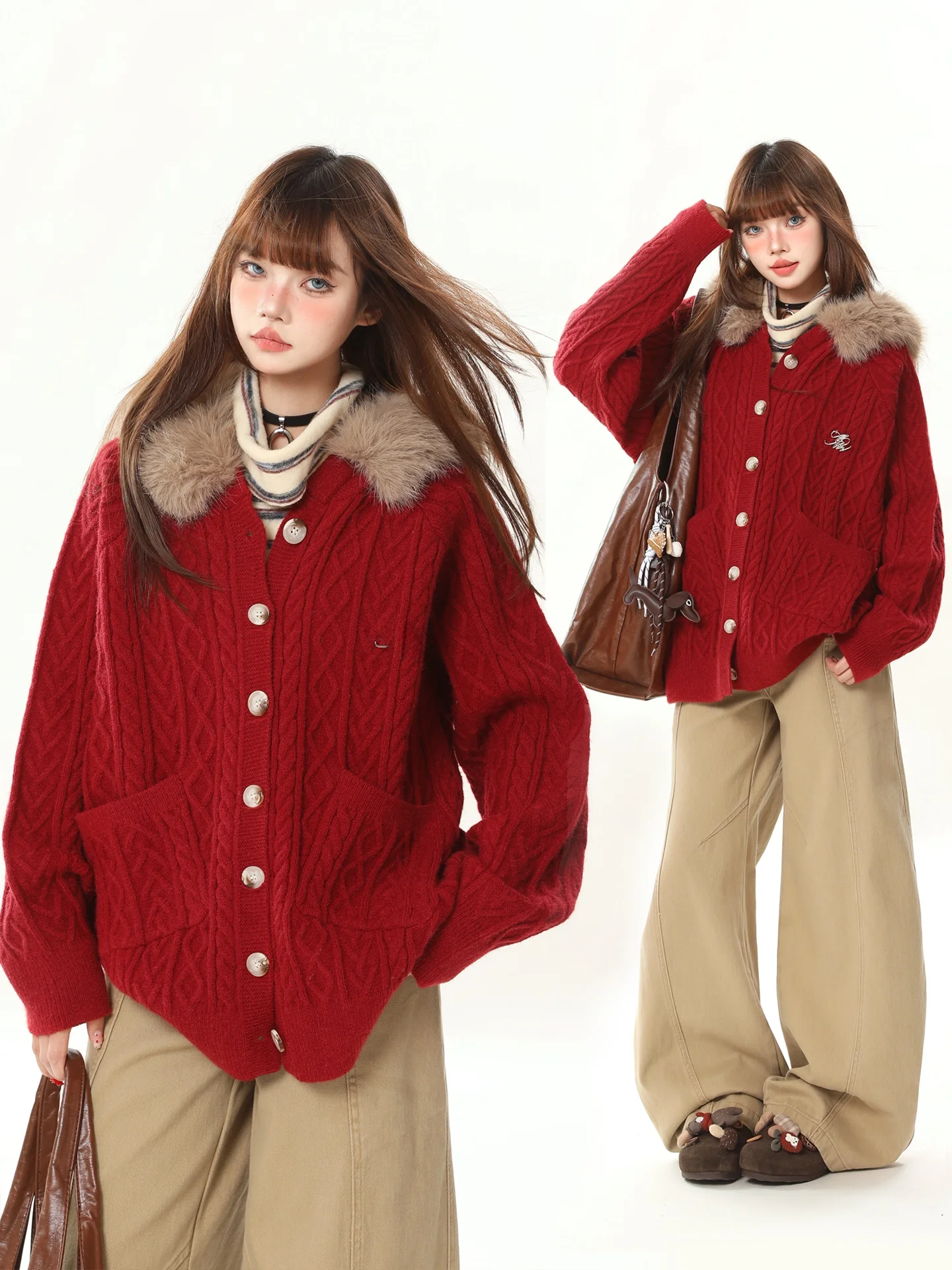 

Retro Red Knitted Sweater Coat Women's Autumn Winter Loose High-End Lazy Sle Hooded Fur Collar Open Cardigan Casual Faion