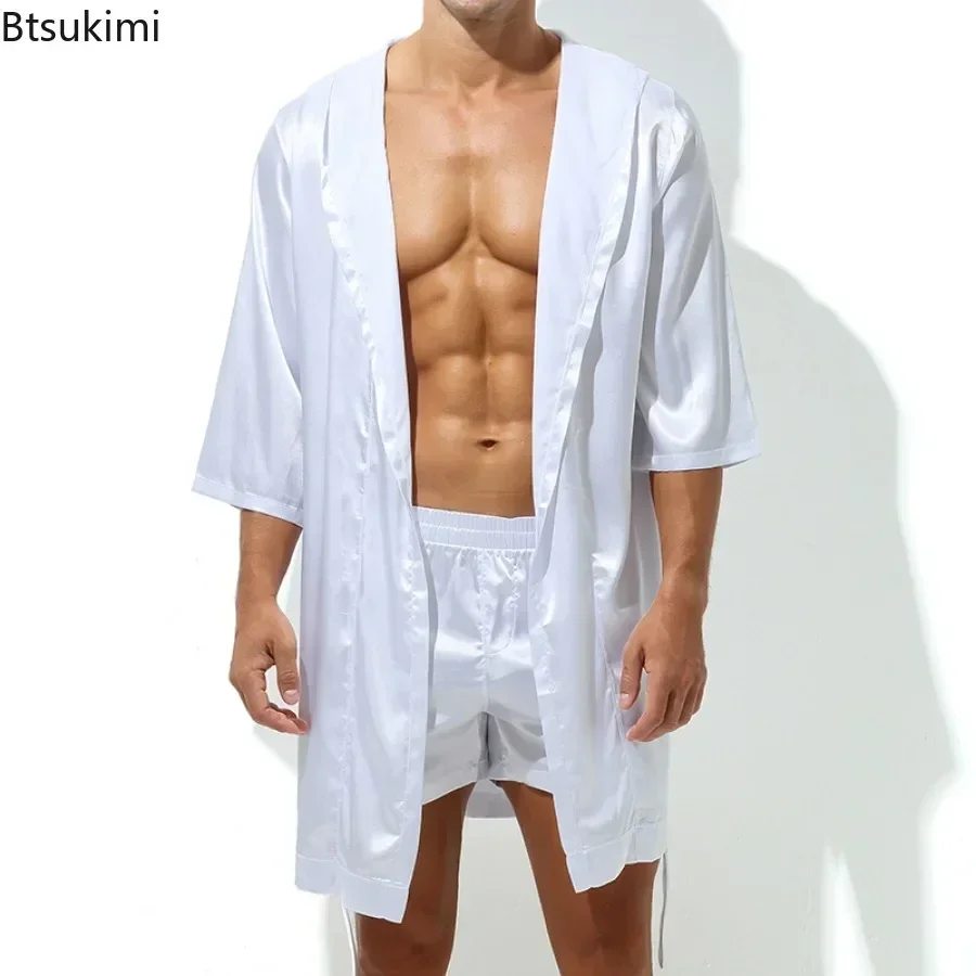 New 2025 Men's Silk Satin Hooded Robes Half Sleeve Slip Long Bathrobe Tracksuit Loungewear Sleepwear Bathrobe Night Gown for Men