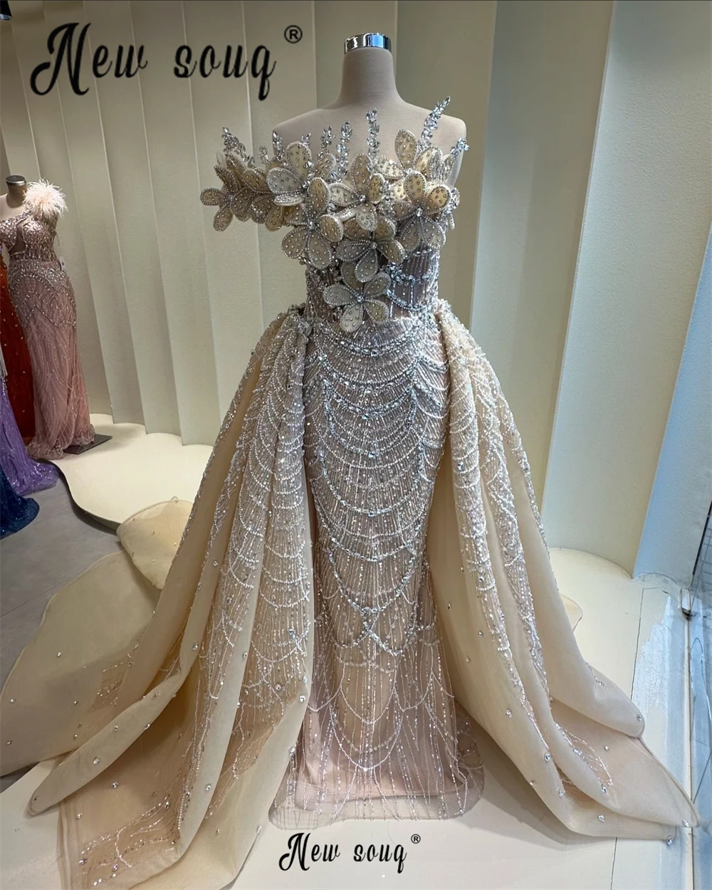 Vestido de novia de lujo color champán con cristales plateados, vestidos de novia con hojas, vestidos personalizados de Dubái para mujer, vestidos para eventos de compromiso y graduación 2025