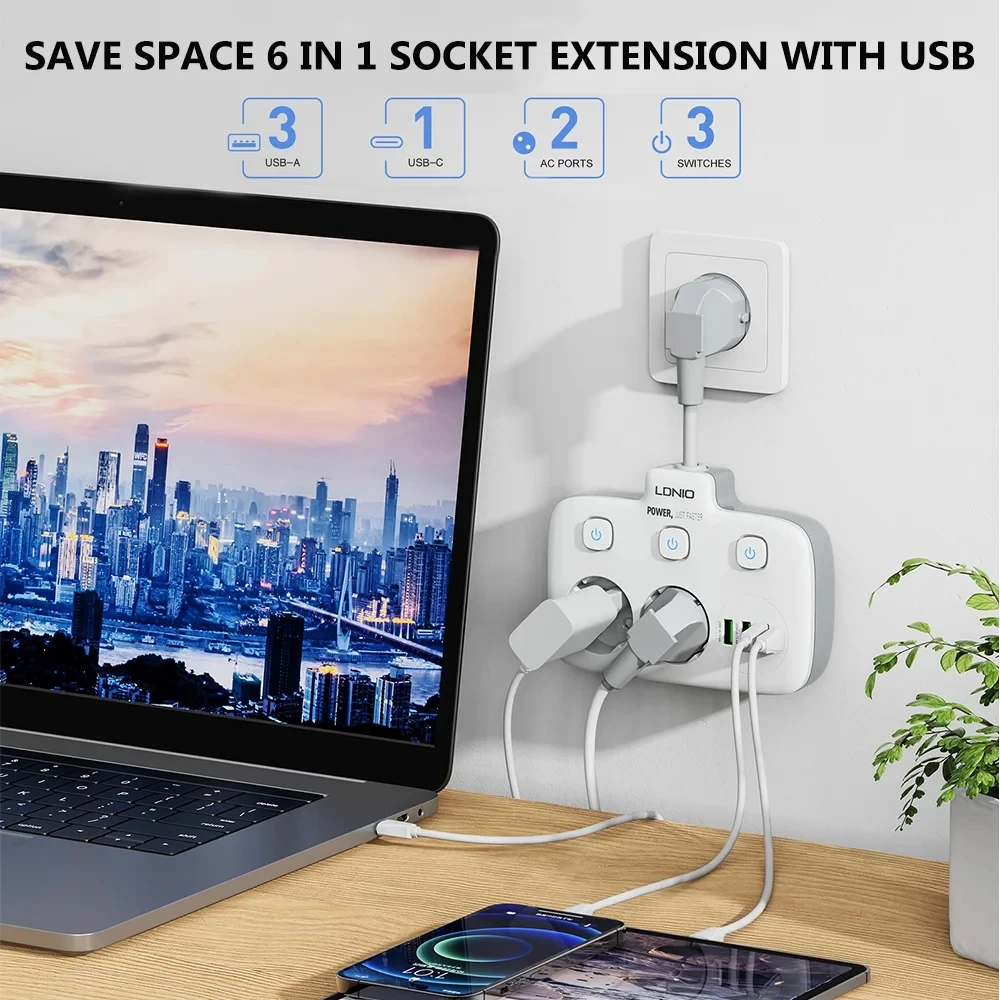 LDNIO Power Strip Short Cable Wall Socket 4 USB 2 AC Multi Outlet Surge Protector Home/Office Network Filter Eu Kr Plug Adapter