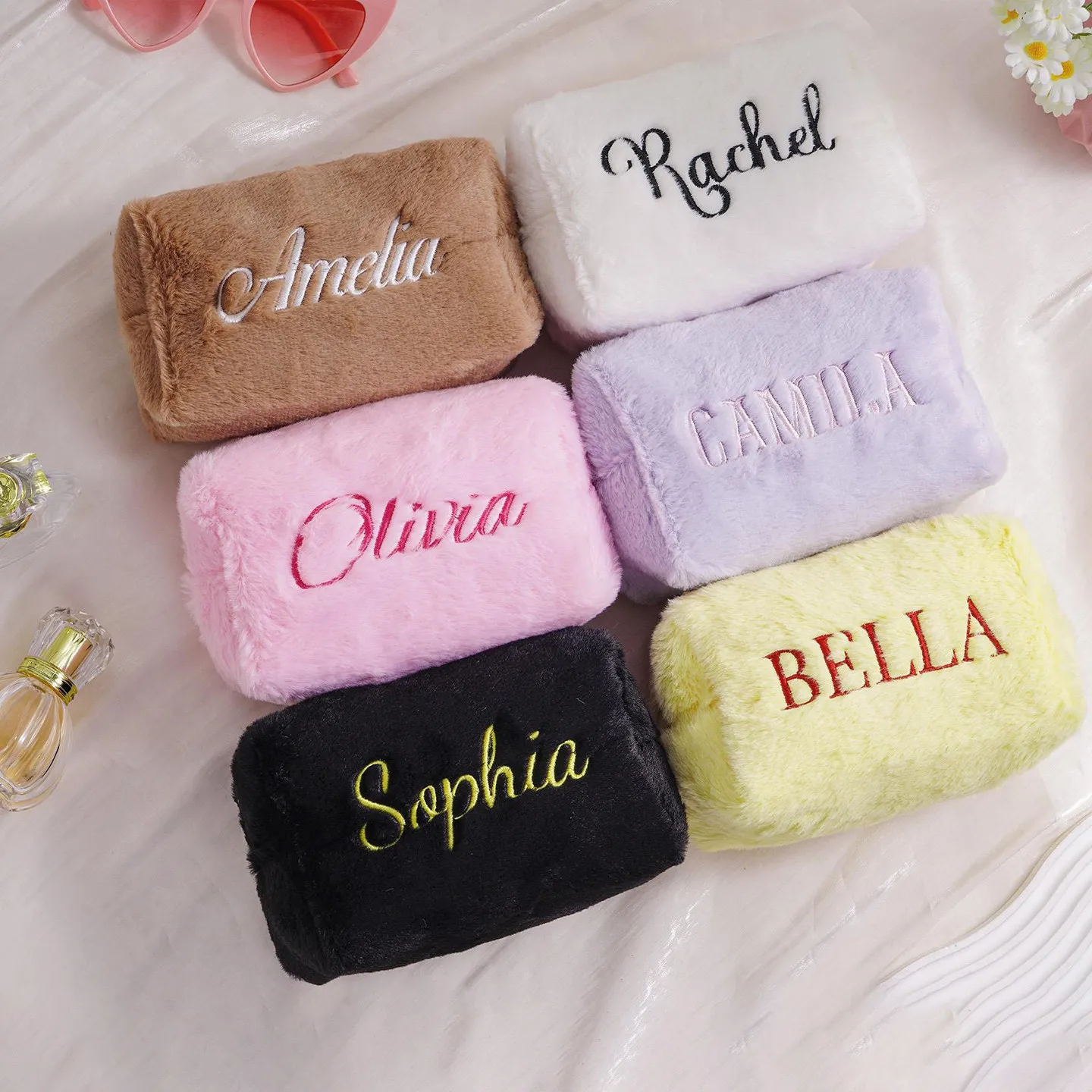 Custom Embroidered Name Fuzzy Makeup Bag Plush Velvet Cosmetic Pouch Portable Storage Bag for Women Girls Personalized Gift