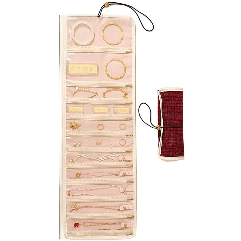 Jewelry Roll Organizer Travel Cosmetic Bag with Transparent Window and Compact Roll Design for Rings Earrings Necklaces