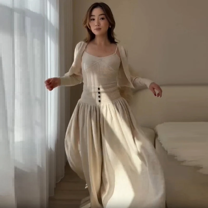 Women Knitted 3 Piece Spaghetti Strap Ribbed Cami Top Long Sleeve Cardigan High Waist Button Decor Flowy Maxi Skirt Matching Set
