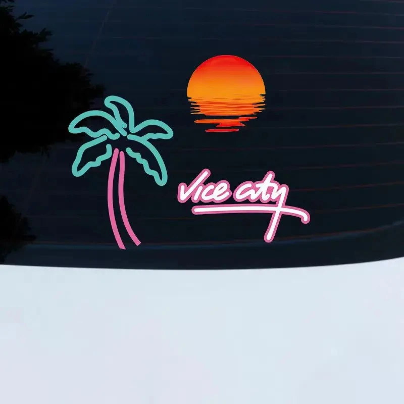 Sunset Neon Light albero di cocco atmosfera retrò adesivo decorativo per finestrino dell\'auto impermeabile Ins Style Vice City decalcomania per moto