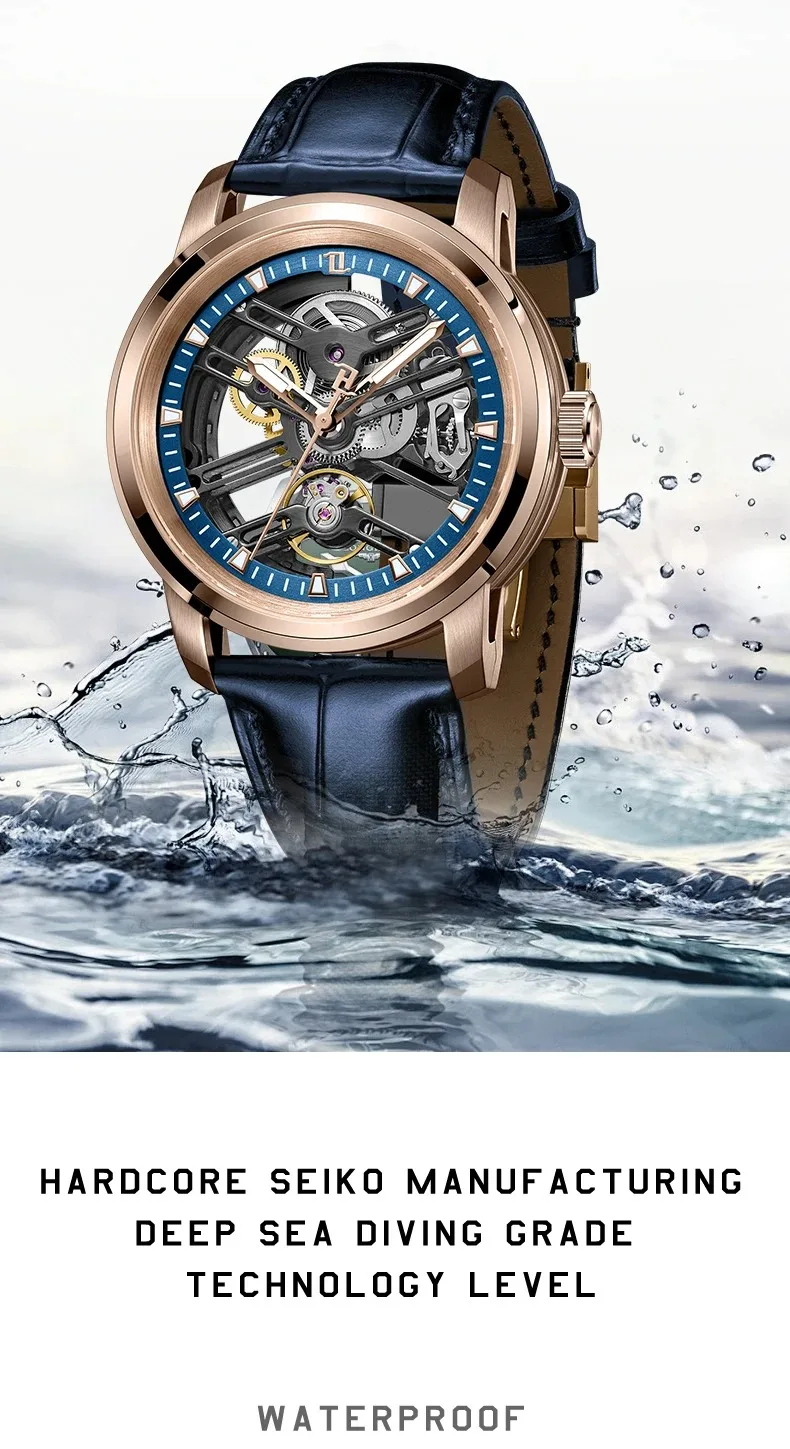 OBLVLO Men Automatic Watch 42MM Mechanical Wristwatch Hollow Out Dial 50M Waterproof Sapphire Mirror Luminous