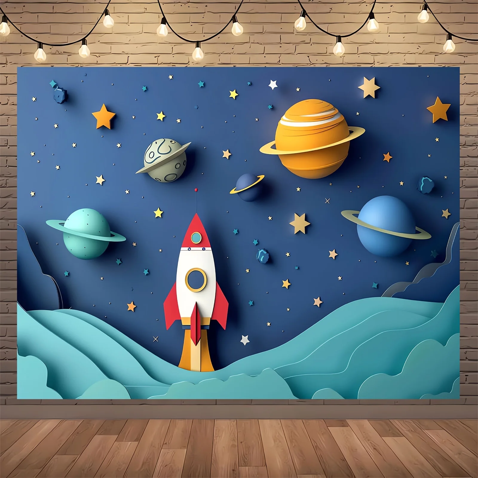 Space-Themed Photography Backdrop - Cartoon Spaceship & Galaxy Design, Polyester, Versatile For Birthday